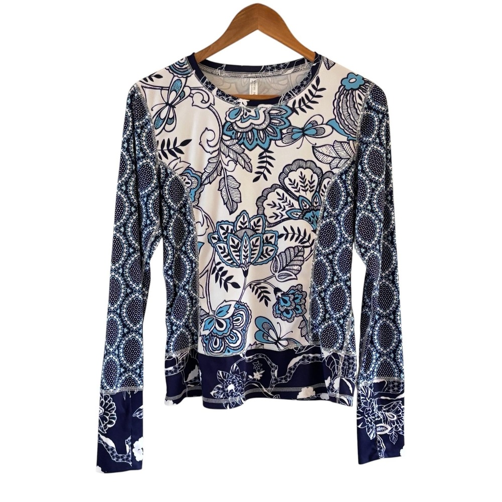 Whimsy Rose Safe Sun UPF Top Womens M Blue Floral Print Long Sleeve Outdoors